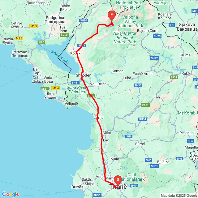 Nom du voyage: Tirana - Theth<br>Motard: Etolgyesi<br>Départ: 2025.07.23.<br>Distance: 167.059 km<br>Vitesse moyenne: 50 km/h<br> Tirana - Theth