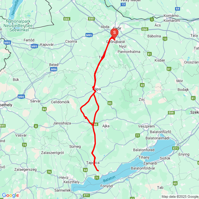 Nom du voyage: 2025.07.23._Somló vára<br>Motard: Nagy Gábor<br>Départ: 2025.07.23.<br>Distance: 212.366 km<br>Vitesse moyenne: 69 km/h<br> 2025.07.23._Somló vára