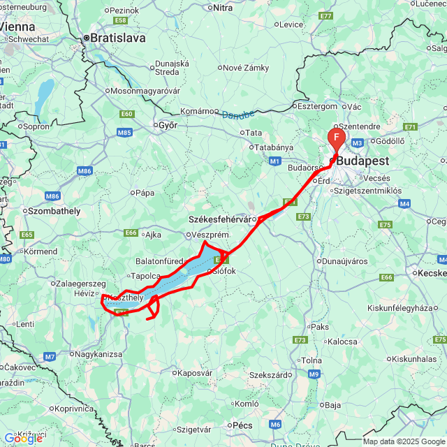Nome della gita: 2025.06.15 Balaton kerülés<br>Motorista: PappCs<br>Partenza: 2025.06.15.<br>Distanza: 465.074 km<br>Velocità media: 72 km/h<br> 2025.06.15 Balaton kerülés