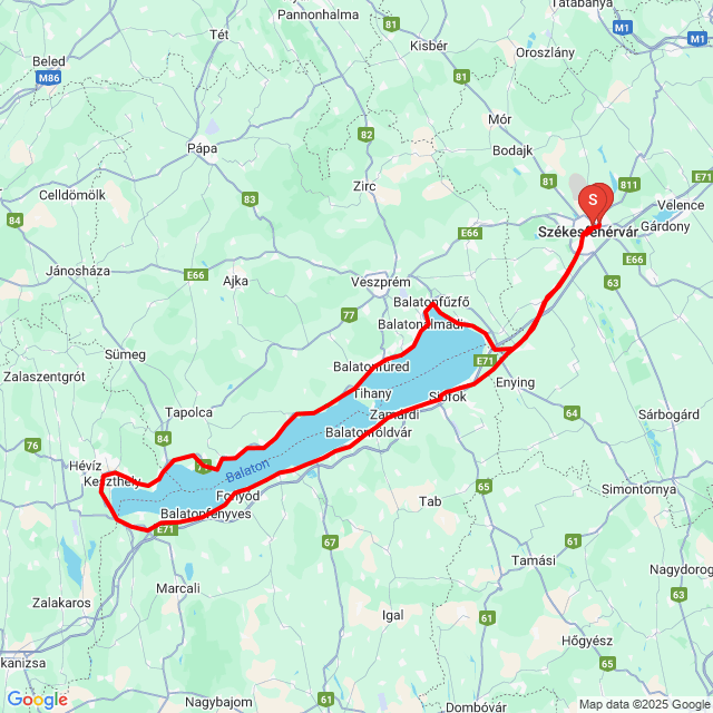 Name of route: 20250905_092515 Balaton kör<br>Biker's name: Dosztál Péter<br>Start: 2025.09.05.<br>Distance: 266.7 km<br>Average speed: 63 km/h<br> 20250905_092515 Balaton kör