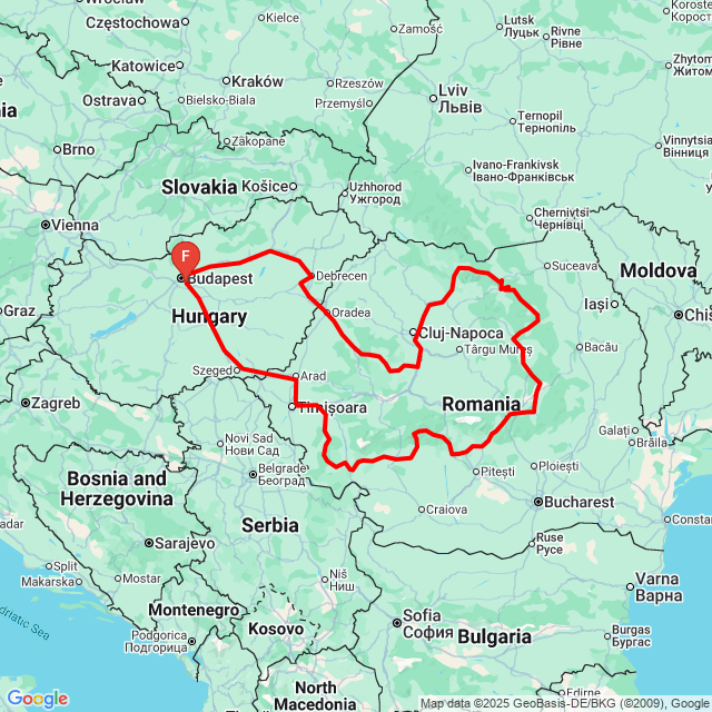 Name of route: Erdély kör 20250905_09.11<br>Biker's name: Sergio<br>Start: 2025.09.05.<br>Distance: 2398.02 km<br>Average speed: 64 km/h<br> Erdély kör 20250905_09.11