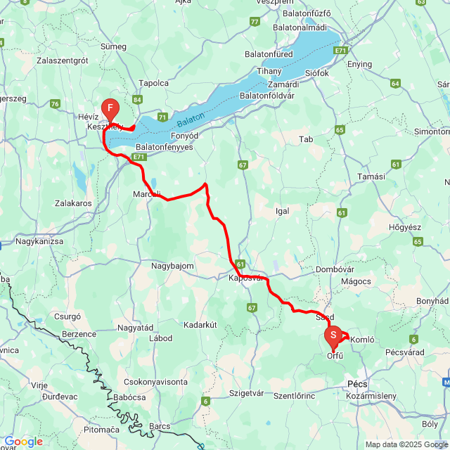 Útvonal neve: Orfű - Keszthely<br>Motoros: Máté Döbröntei<br>Indulás: 2025.09.07.<br>Távolság: 152.425 km<br>Átlagsebesség: 68 km/h<br> Orfű - Keszthely