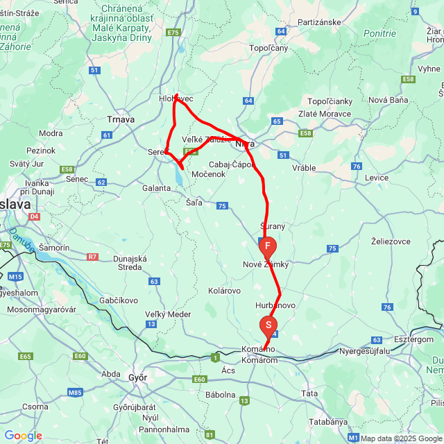 Útvonal neve: 20250907_095942 Hlohovec<br>Motoros: Turányi Viktor<br>Indulás: 2025.09.07.<br>Távolság: 194.786 km<br>Átlagsebesség: 67 km/h<br> 20250907_095942 Hlohovec