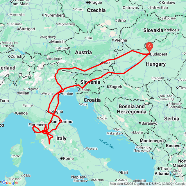 Útvonal neve: 20250906 Toszkán krt<br>Motoros: Könyves Zoltán<br>Indulás: 2025.09.06.<br>Távolság: 3157.75 km<br>Átlagsebesség: 52 km/h<br> 20250906 Toszkán krt