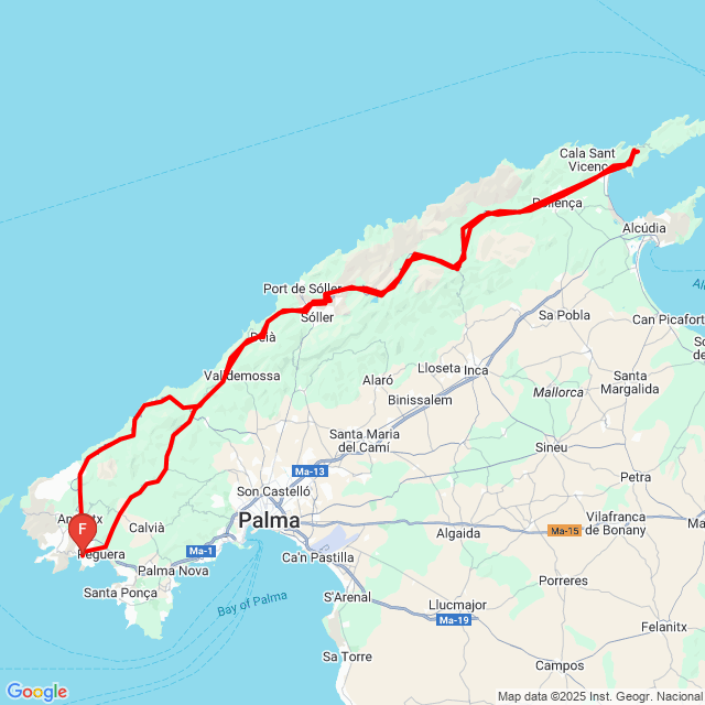 Nom du voyage: 20251007_101200 mallorca 2.nap<br>Motard: Zsolti<br>Départ: 2025.10.07.<br>Distance: 242.732 km<br>Vitesse moyenne: 42 km/h<br> 20251007_101200 mallorca 2.nap