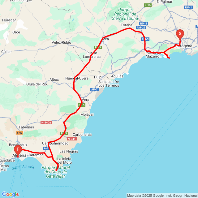 Nome della gita: Murcia-Almeria<br>Motorista: Szilvási Andrea<br>Partenza: 2025.12.26.<br>Distanza: 300.916 km<br>Velocità media: 76 km/h<br> Murcia-Almeria