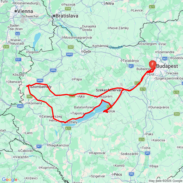 Nome della gita: karácsony 2025.12.26-28<br>Motorista: Sidecar Hungary<br>Partenza: 2025.12.26.<br>Distanza: 605.49 km<br>Velocità media: 64 km/h<br> karácsony 2025.12.26-28