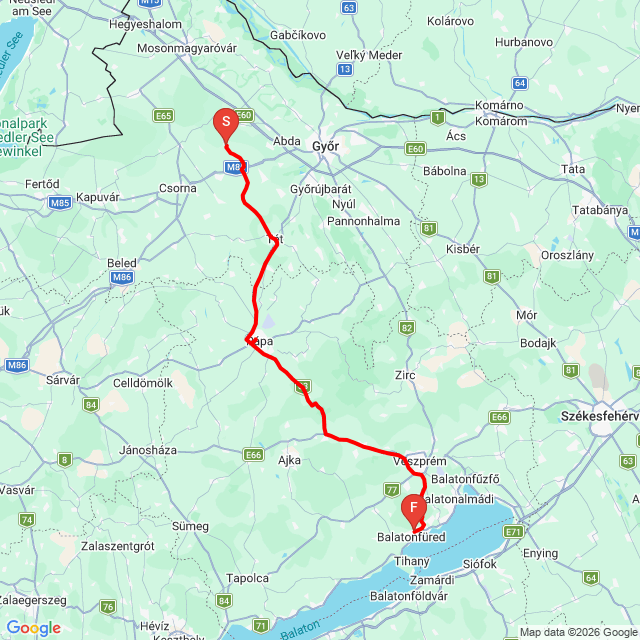 Name of route: Győrsövényház-Pápa-Balatonfüred<br>Biker's name: Eszter<br>Start: 2026.05.27.<br>Distance: 117.519 km<br>Average speed: 72 km/h<br> Győrsövényház-Pápa-Balatonfüred