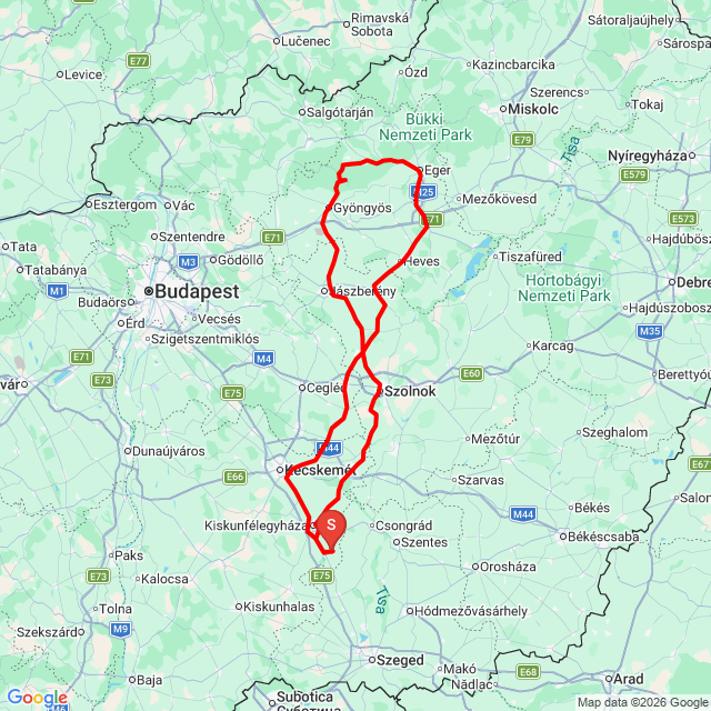 Name of route: Eger, Sirok, Kékestető <br>Biker's name: Boda Antal<br>Start: 2026.06.20.<br>Distance: 421.717 km<br>Average speed: 66 km/h<br> Eger, Sirok, Kékestető