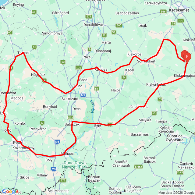 Name of route: 20260620_Kalocsa Orfű<br>Biker's name: Kovács Ferenc<br>Start: 2026.06.20.<br>Distance: 437.523 km<br>Average speed: 75 km/h<br> 20260620_Kalocsa Orfű