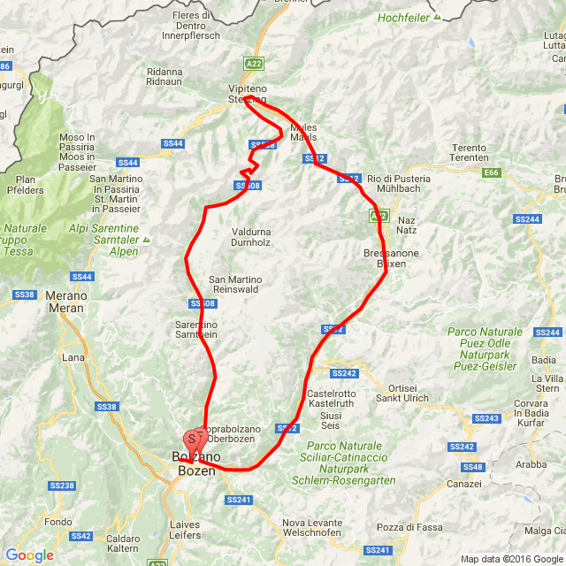 Name of route: Bolzano-Penser joch -Bolzano<br>Biker's name: Varga T.<br>Start: 2016.09.24.<br>Distance: 134.197 km<br>Average speed: 59 km/h<br> Bolzano-Penser joch -Bolzano