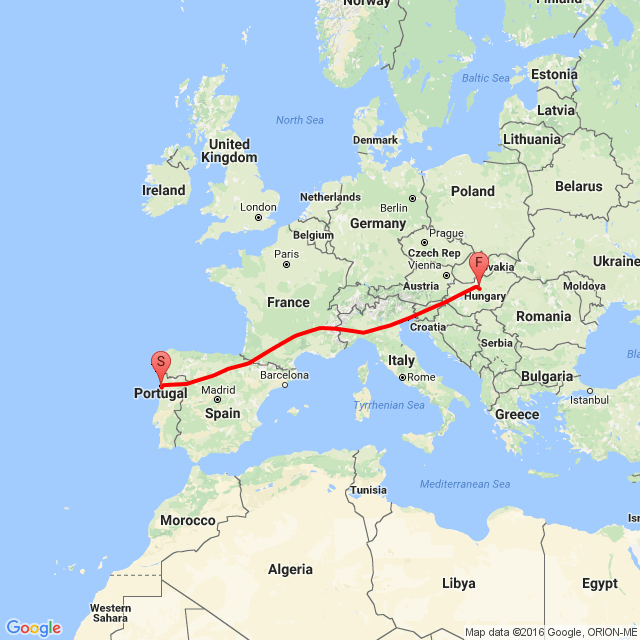 Nome della gita: Porto - Bp<br>Motorista: Krisztián Járdány<br>Partenza: 2016.11.16.<br>Distanza: 2398.65 km<br>Velocità media: 757 km/h<br> Porto - Bp