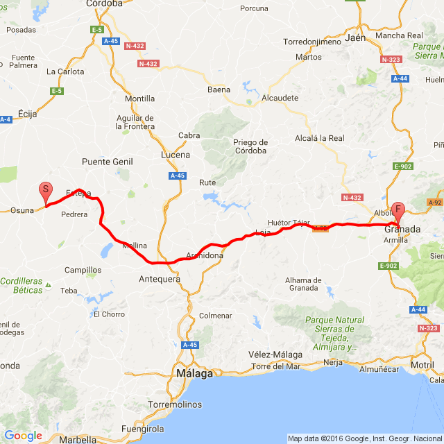 Nome della gita: 20161115_Sevilla - Granada 2. Hälfte<br>Motorista: Kapplerhering<br>Partenza: 2016.11.15.<br>Distanza: 148.609 km<br>Velocità media: 86 km/h<br> 20161115_Sevilla - Granada 2. Hälfte