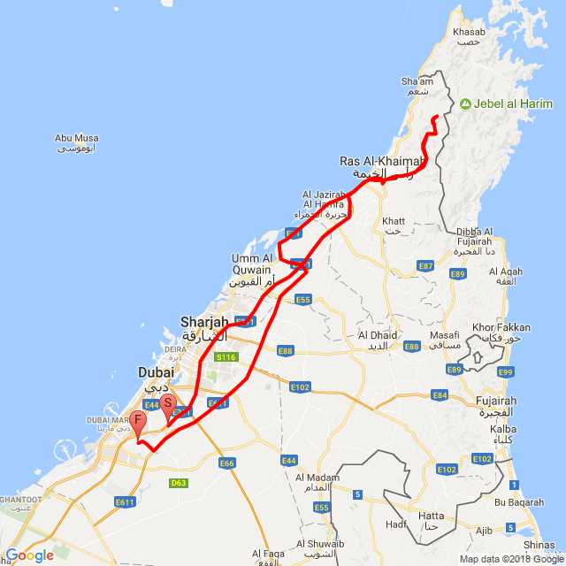 Name of route: Jebel Jais and Thunder Road<br>Biker's name: Tom Pegrume<br>Start: 2018.03.09.<br>Distance: 361.263 km<br>Average speed: 91 km/h<br> Jebel Jais and Thunder Road