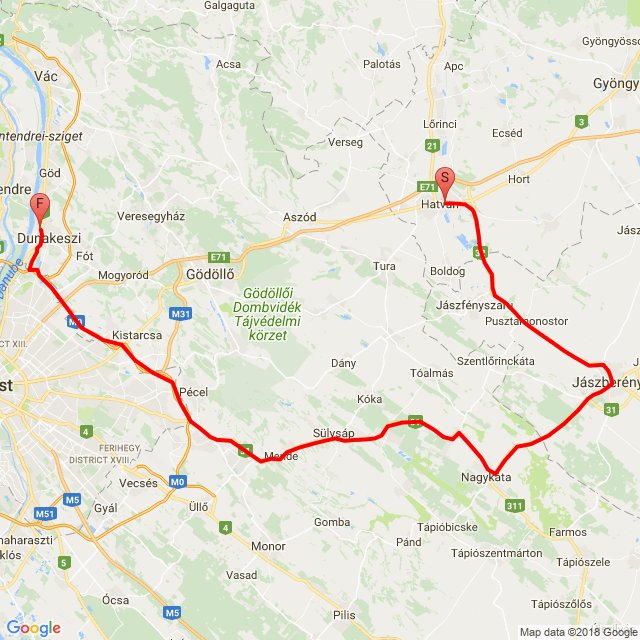 Nome della gita: 20180407_170145 Hatvan-Jber-Dkeszi<br>Motorista: CBFVili<br>Partenza: 2018.04.07.<br>Distanza: 111.093 km<br>Velocità media: 72 km/h<br> 20180407_170145 Hatvan-Jber-Dkeszi