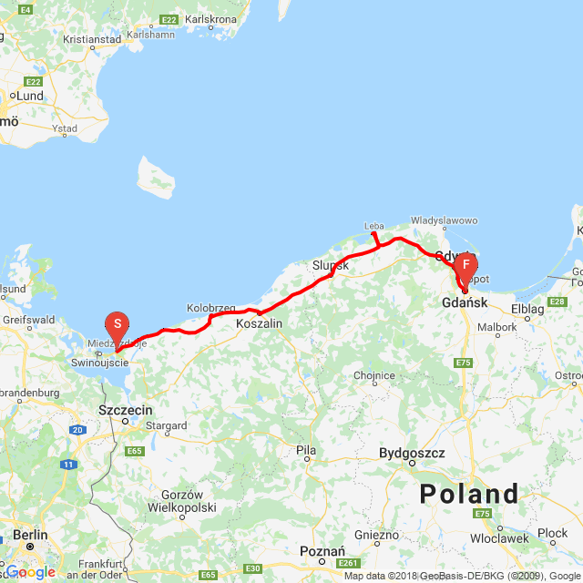 Útvonal neve: Na RT-ku z Międzyzdroje do Gdańska <br>Motoros: ViKing<br>Indulás: 2018.06.29.<br>Távolság: 369.642 km<br>Átlagsebesség: 65 km/h<br> Na RT-ku z Międzyzdroje do Gdańska