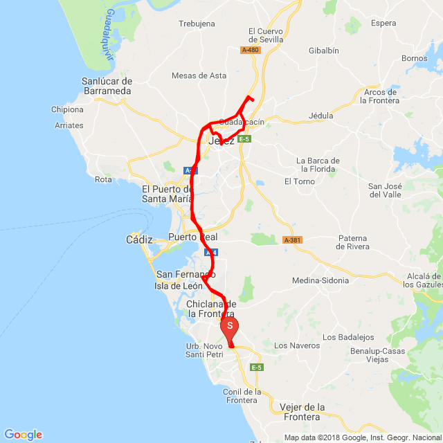 Nom du voyage: 20180830_084426 Jerez 3<br>Motard: Javi<br>Départ: 2018.08.30.<br>Distance: 128.384 km<br>Vitesse moyenne: 71 km/h<br> 20180830_084426 Jerez 3